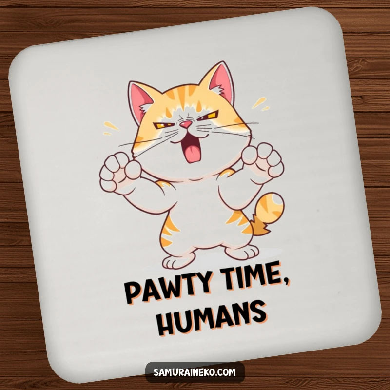 Funny coaster featuring a mischievous cat with a determined expression, practicing swift paw strikes, offering focused protection with feline flair.
