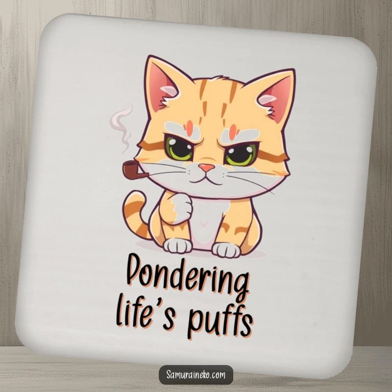 Funny drink coaster featuring a cat holding a tiny smoking pipe, protecting furniture with feline intellectual humor.