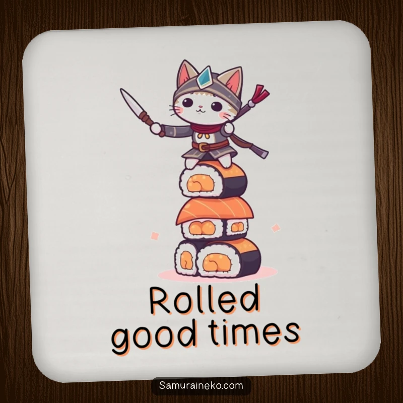 Funny small cat warrior balancing on a sushi tower, this drink coaster offers protection with hilarious style.