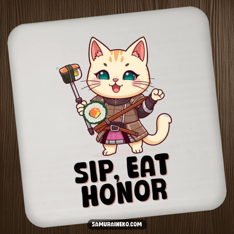 Funny Samurai Cat Coaster: A protective coaster with a cat in samurai armor holding a sushi roll, bringing humor to your table.