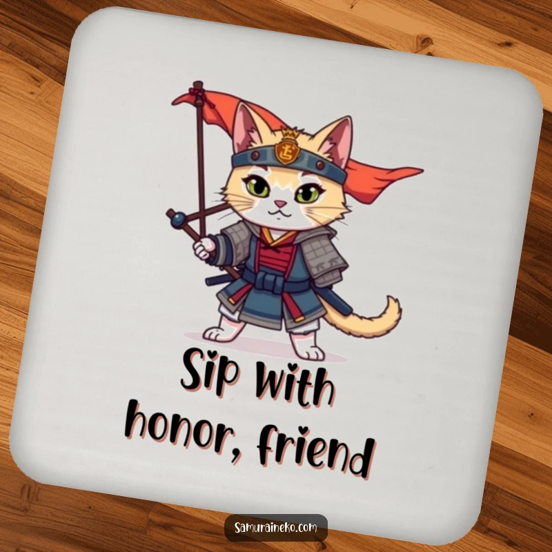 Funny Samurai Cat Coaster showcasing a dramatic warrior cat posing with a banner, protecting your furniture with style.