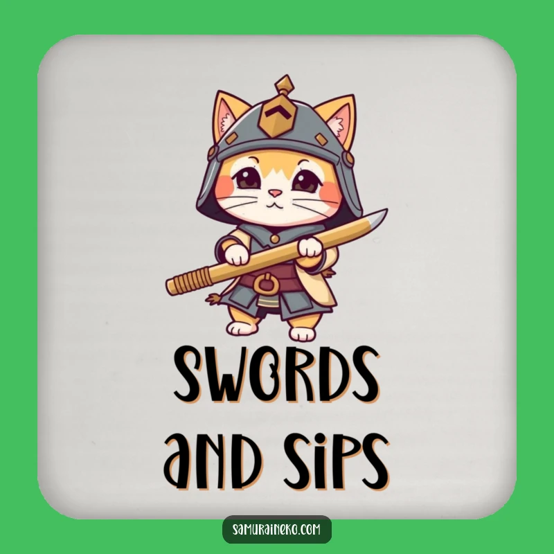 Funny Cat Warrior Coaster Set - Tiny Helmet Bamboo Sword Protectors