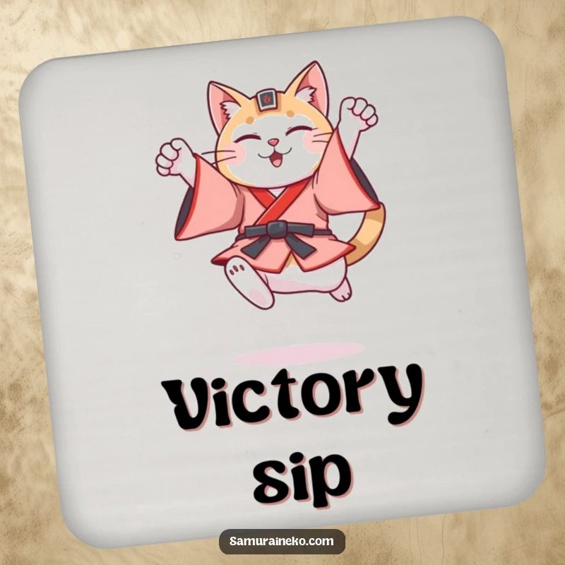 Funny cat in feudal Japanese warrior attire leaping triumphantly, protecting surfaces with humor on this drink coaster.