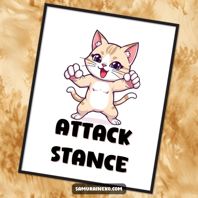 Funny poster of a cat character captured in a fierce, playful, and dynamic fighting stance.