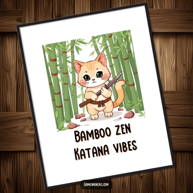 Funny poster depicting a cat in a bamboo forest holding a miniature katana, ready to pounce, adding a humorous touch to any wall.