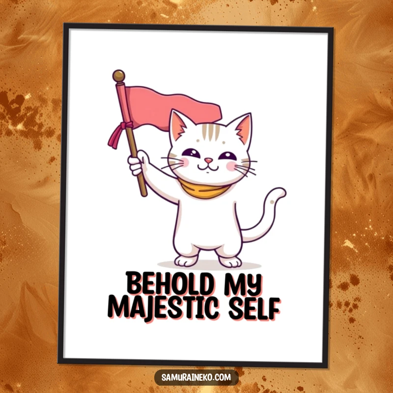 Funny poster showcasing a brave cat striking a heroic pose with a miniature banner held high, exuding courage and playful spirit.