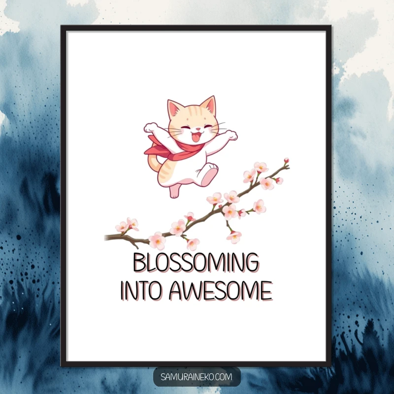 Funny poster showcasing a cat hero in a graceful leap over a fallen cherry blossom branch, highlighting elegance and funny action.