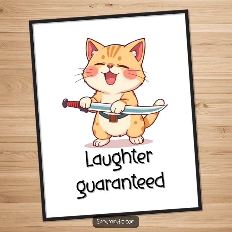 Funny Cat Laughing Sword Poster showing a cat rolling with laughter after a playful, clumsy sword swing, celebrating comic mishaps.