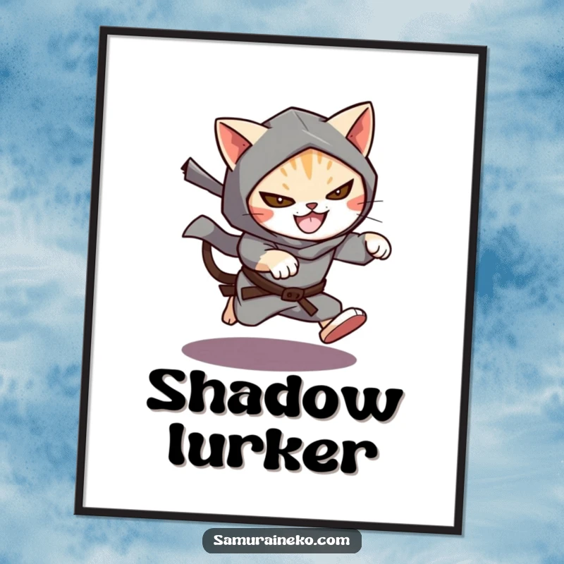 Funny Cat Ninja Poster showcasing a cat ninja leaping from darkness with a mischievous grin, embodying stealth and agility.