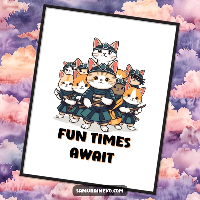 Funny cat samurai poster featuring a group of cats in various samurai poses, ready for playful excitement.