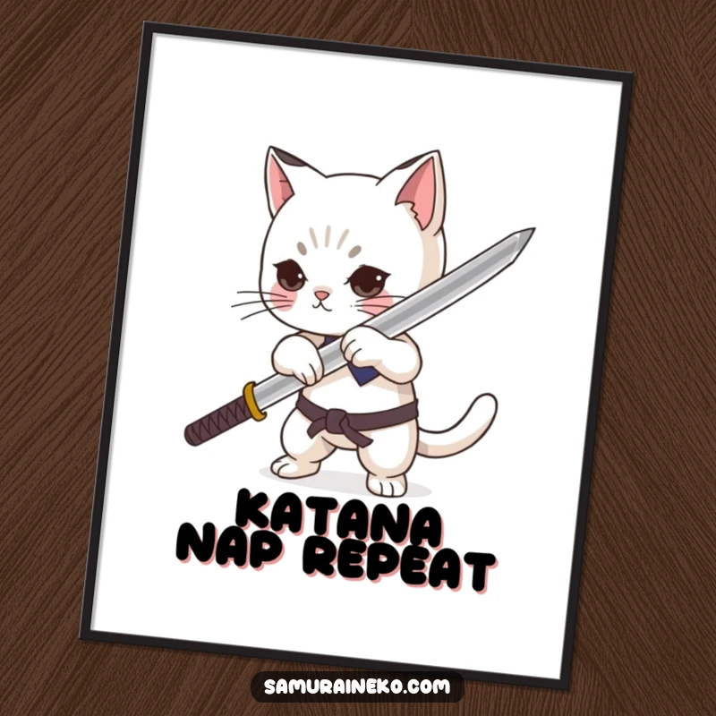Funny cat character dramatically sheathing a minuscule katana with pride on a poster, showcasing humorous martial arts artwork.