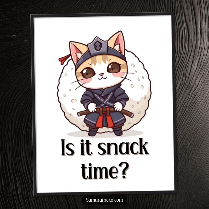 Funny mischievous cat samurai peeking from behind a large rice ball, a charming and humorous wall art piece.