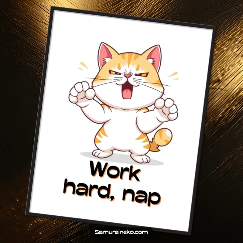 Funny poster illustration of a mischievous cat with a determined expression, practicing swift paw strikes, adding focused energy to walls.