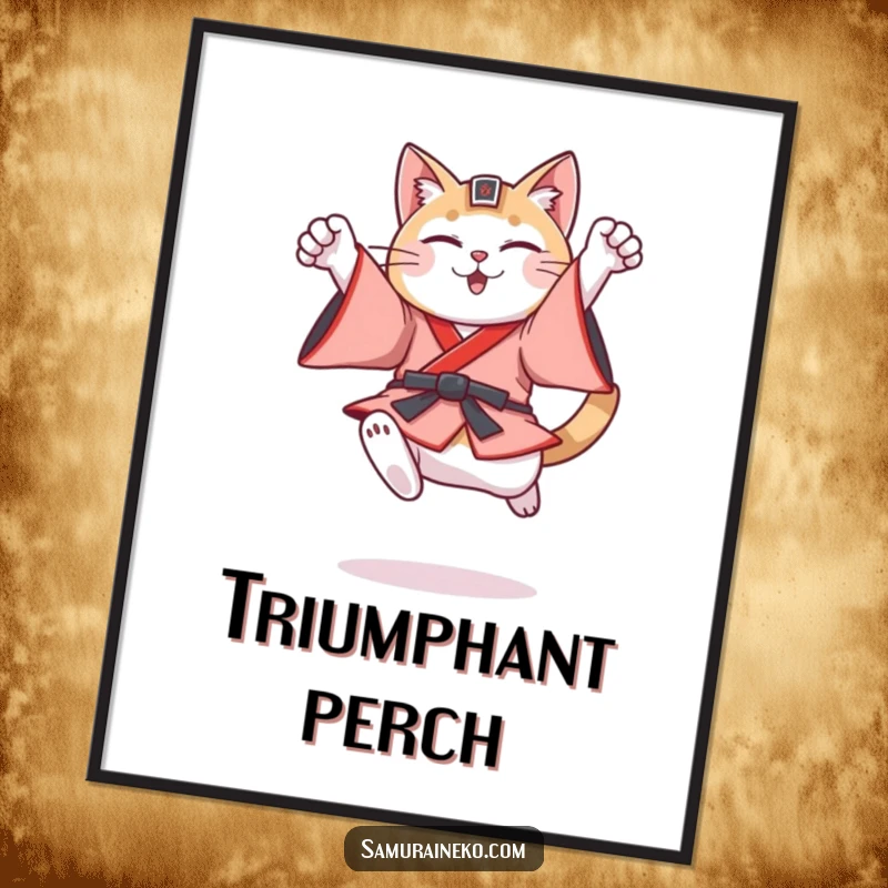 Funny cat in authentic feudal Japanese warrior attire, caught in a dynamic, triumphant leaping pose on this poster.