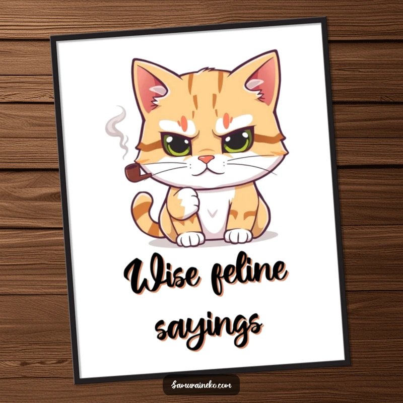Funny poster of a cat with a determined gaze, holding a tiny smoking pipe, adding a touch of intellectual humor to any room.