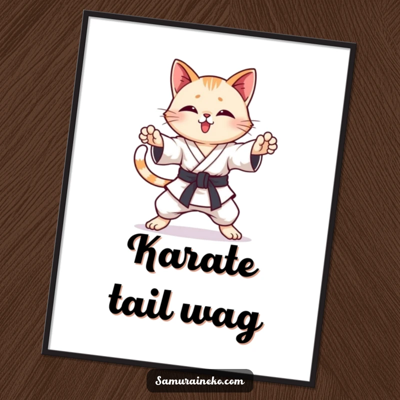 Funny Karate Cat Poster: An artistic print of a cat in karate poses with a wagging tail, bringing dynamic humor to your decor.