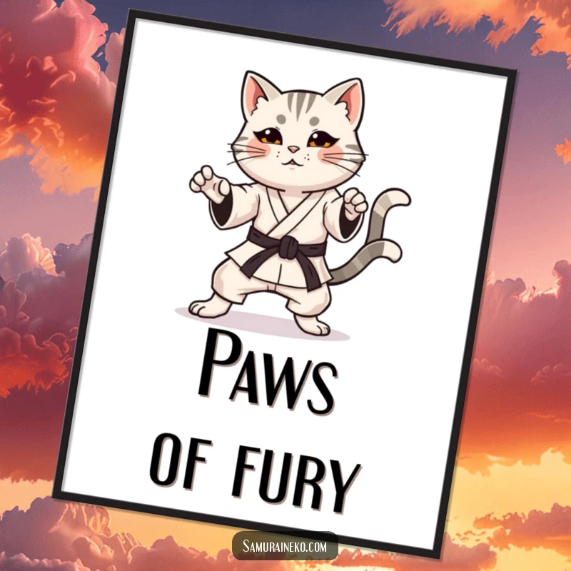 Funny cat poster depicting a cat in a karate pose with a determined expression and a happy, wagging tail, humorous decor.