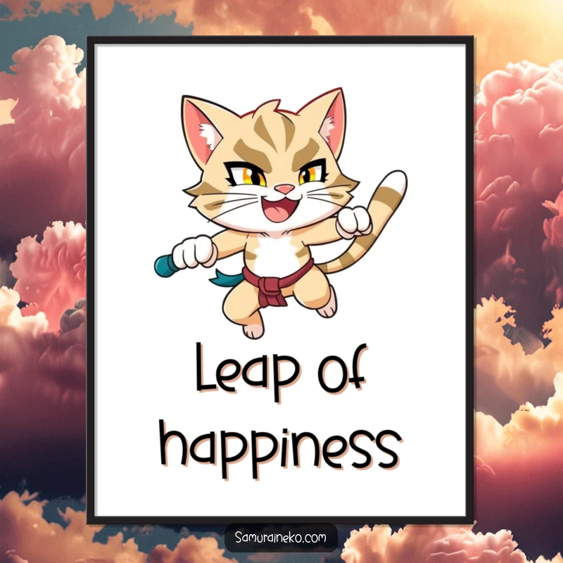 Funny Leaping Cat Poster: An artistic print of a determined and happy cat warrior in mid-leap, bringing dynamic humor to your decor.