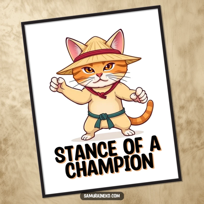 Funny poster featuring a determined cat wearing a straw hat, striking a martial arts pose, exuding focus and playful power.