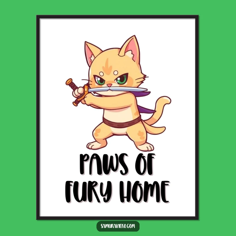 Funny Poster: Cat Warrior Sword - Epic Feline Battle Art, Wall Decor Gift