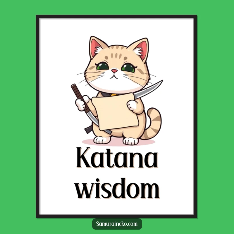 Funny Proud Cat Katana Poster: Miniature Warrior Feline Art Print