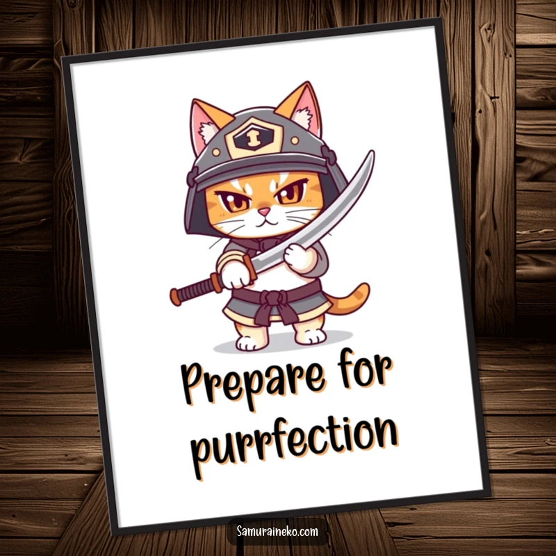 Funny poster of a cat wearing a helmet, bravely unsheathing a small katana, adding a touch of humorous bravery to any room.
