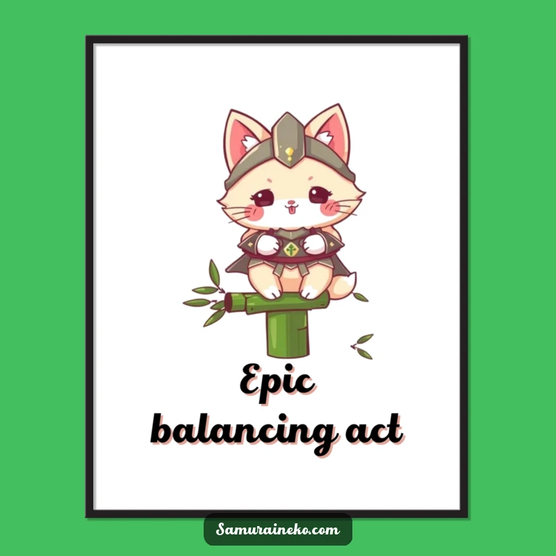 Funny Samurai Cat Poster: Fluffy Warrior on Bamboo, Humorous Wall Art Gift