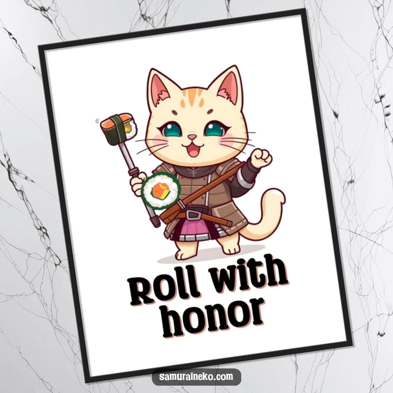 Funny Samurai Cat Poster: An artistic print of a cat in samurai armor cheerfully holding a sushi roll, bringing humor to your decor.