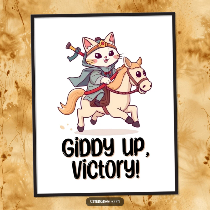 Funny cat samurai poster of a feline warrior riding a hobby horse, charging forward with gleeful excitement.