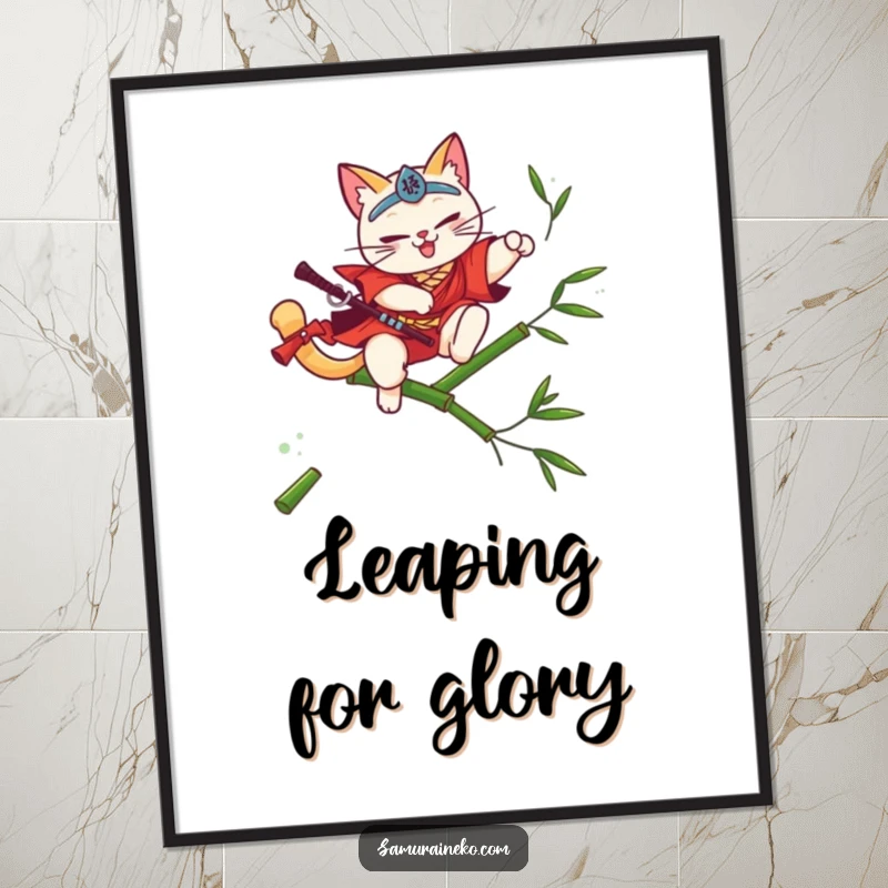 Funny cat samurai art, leaping over bamboo with a flourish, elegant and poised, perfect funny gift.