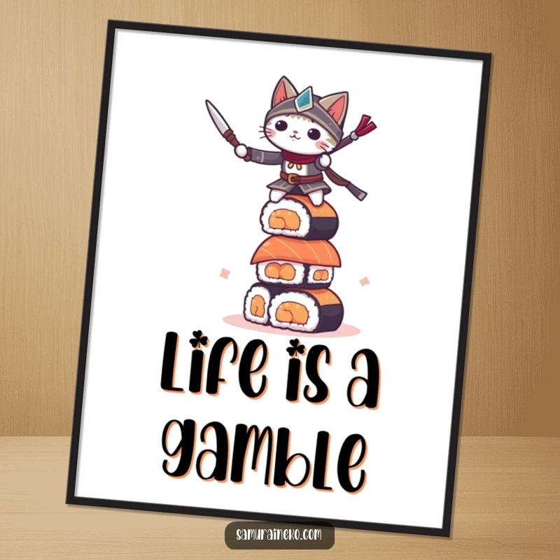 Funny small cat warrior balancing on a precarious sushi tower, this poster captures a moment of intense, humorous focus.