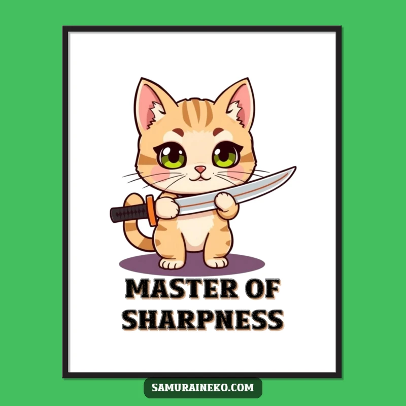 Funny Cat Katana Poster: Proud Warrior with Wide Eyes, Humorous Wall Art Gift