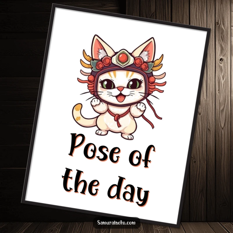 Funny Cat Mask Poster featuring a cat in a traditional mask striking a dramatic, comical pose, perfect for adding artistic flair.