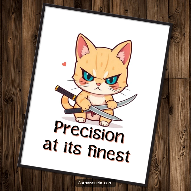 Funny poster featuring a determined cat drawing a small katana, embodying sharp focus, readiness, and a touch of playful danger.