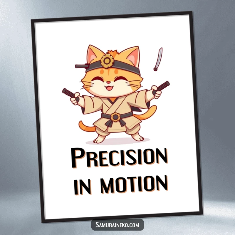 Funny cat samurai poster showcasing a smiling cat character with incredible dexterity juggling miniature katanas, a piece of humorous wall art.