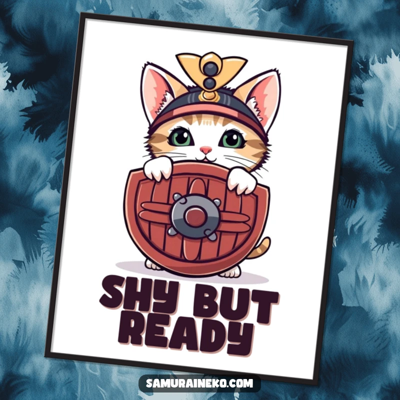 Funny poster of a curious kitten peeking from behind a miniature samurai shield with a shy smile, ideal for cute decor.