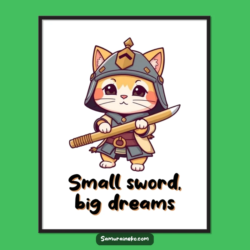 Add a touch of warrior spirit to your walls with this funny cat art print. The tiny helmet and bamboo sword bring playful energy.