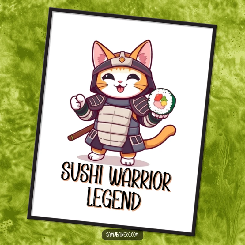 Funny cat poster depicting a samurai cat cheerfully holding a sushi roll, perfect for humorous and artistic wall decor.