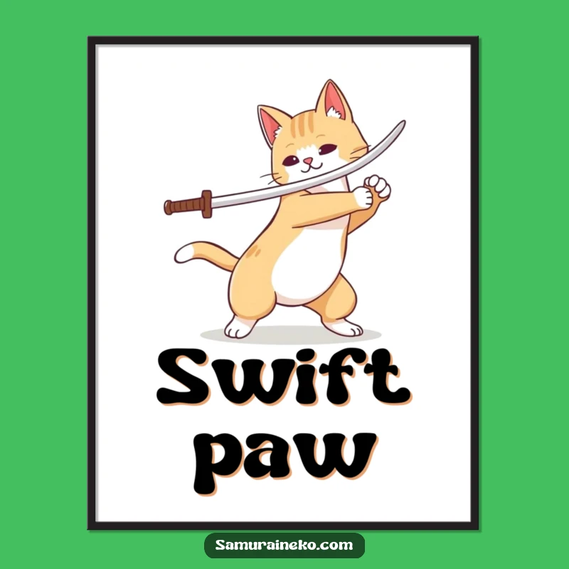 Funny Cat Samurai Poster: Dynamic Sword Flourish Art, Perfect Wall Decor Gift