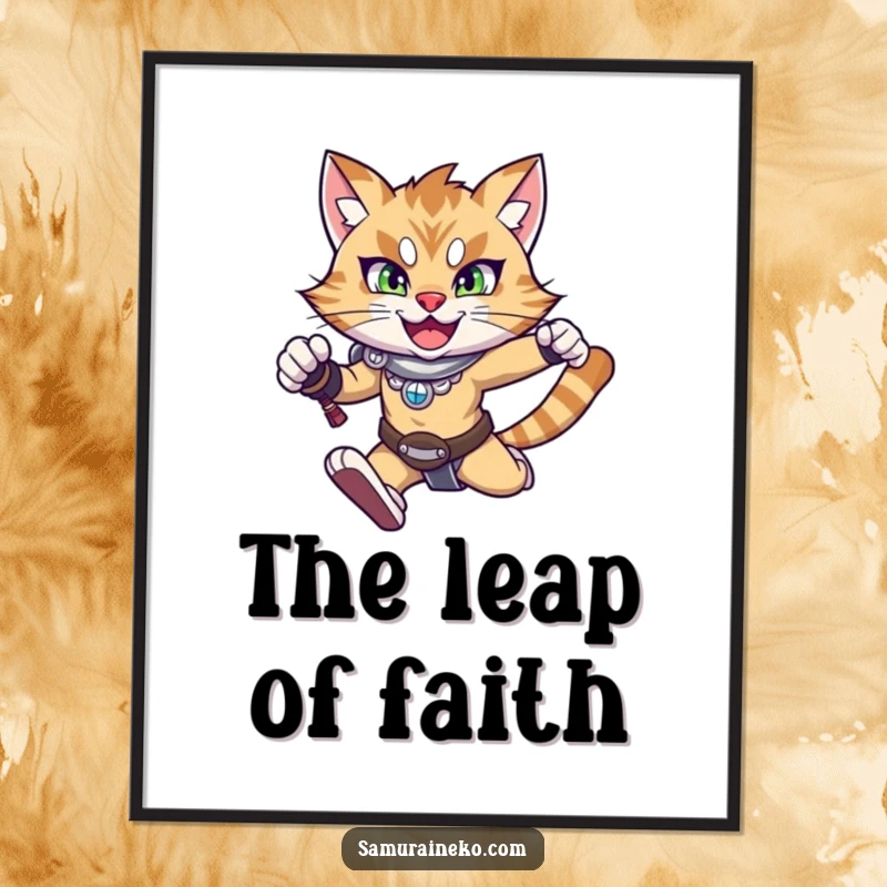 Funny cat poster depicting a happy warrior cat in mid-leap with a determined expression, perfect for humorous and dynamic wall decor.