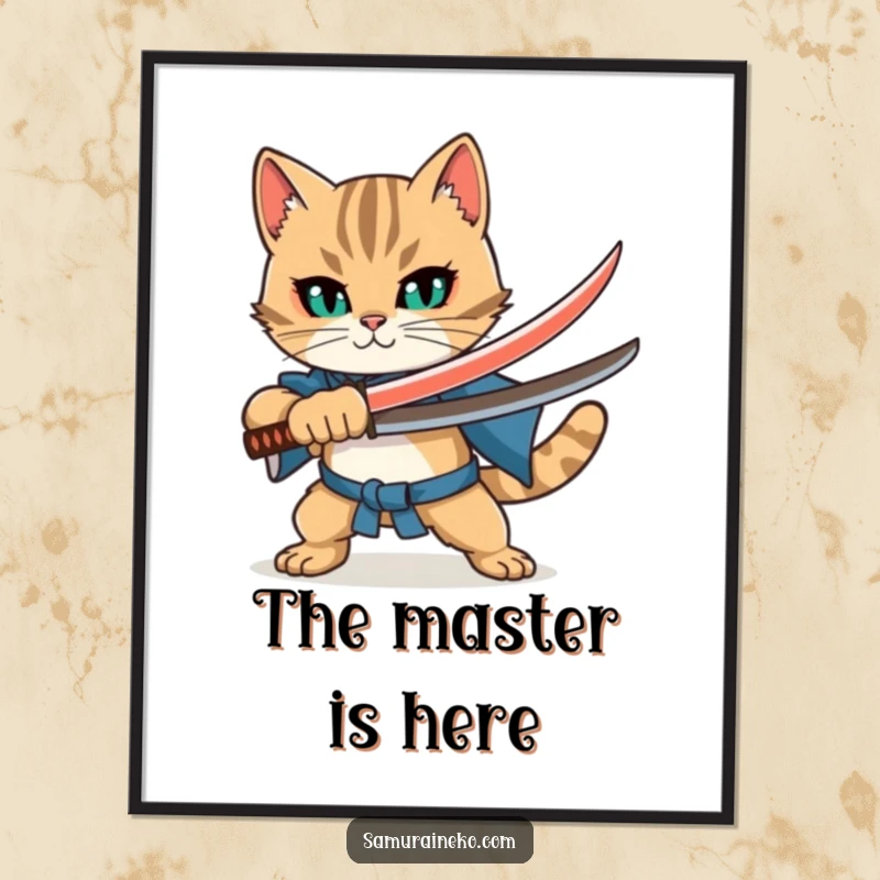Funny Cat Katana Poster: Majestic cat with miniature katana, striking a powerful pose on a vibrant background, humorous wall art.