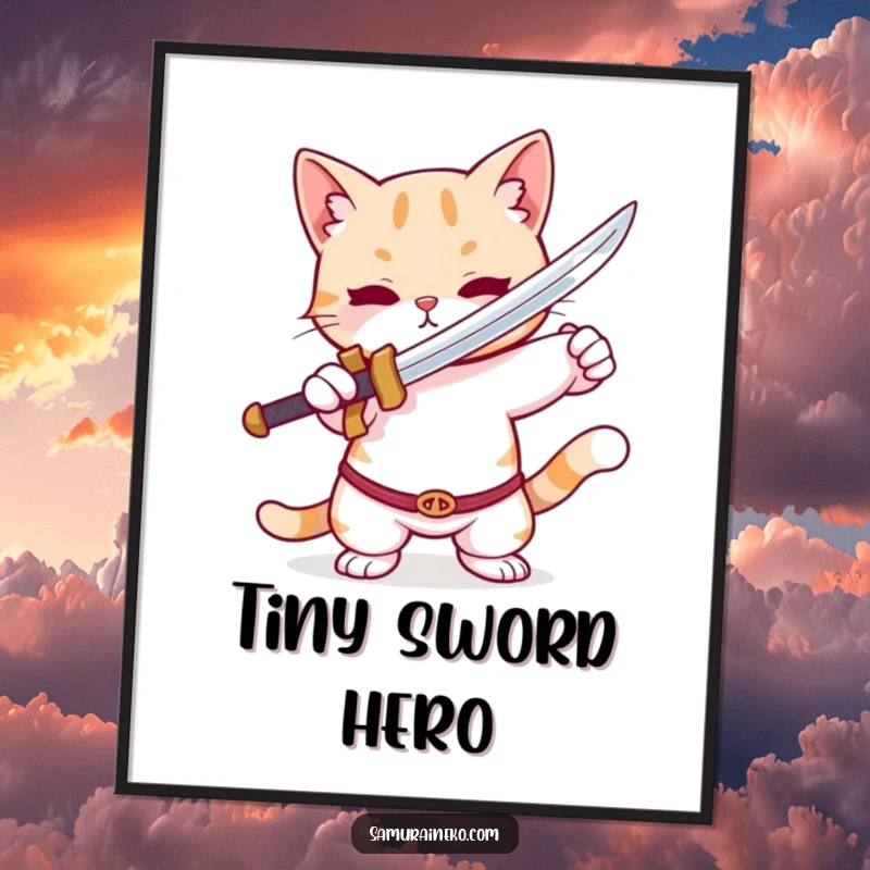 Funny Cat Poster: An artistic print of a cute cat in a playful stance, holding a miniature sword, adding humor to any room.