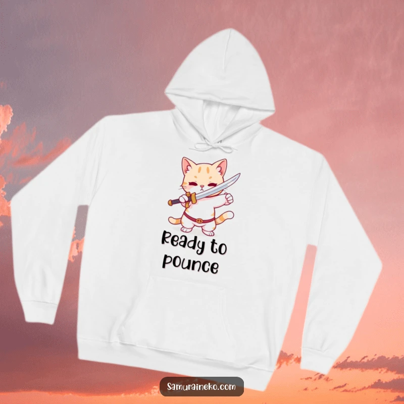 Funny Cat Hoodie: A soft hoodie featuring an adorable cat in a playful pose, holding a tiny sword, blending comfort and humor.