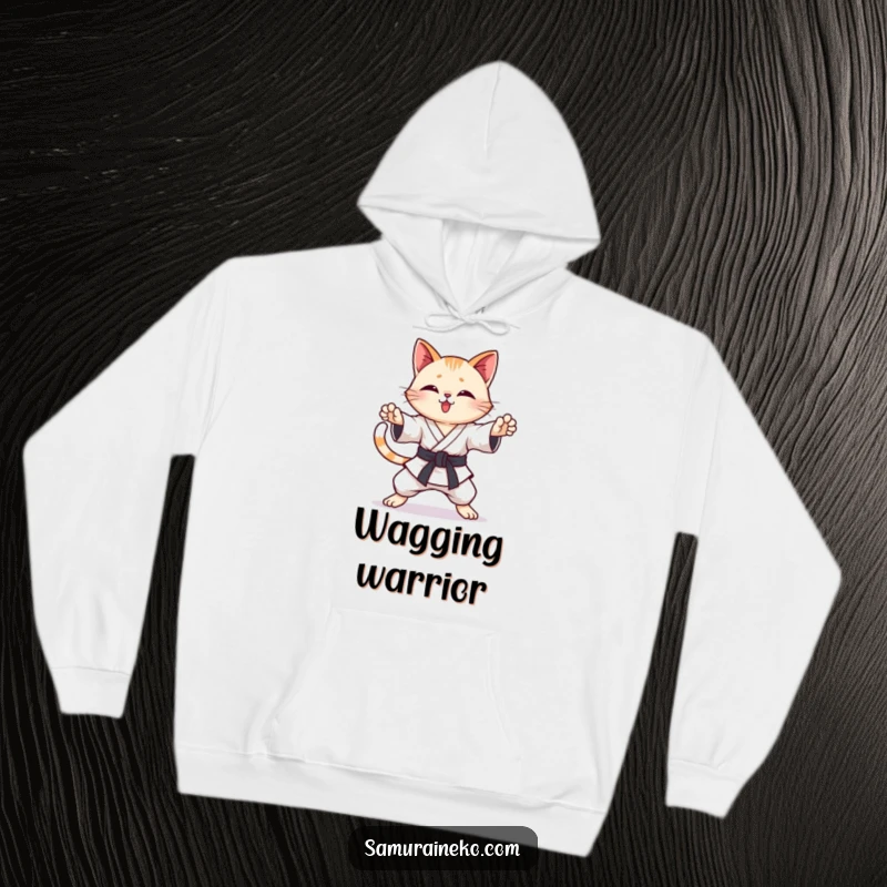 Funny Karate Cat Hoodie: A comfortable hoodie featuring a cat practicing karate poses with a wagging tail, perfect for relaxation.