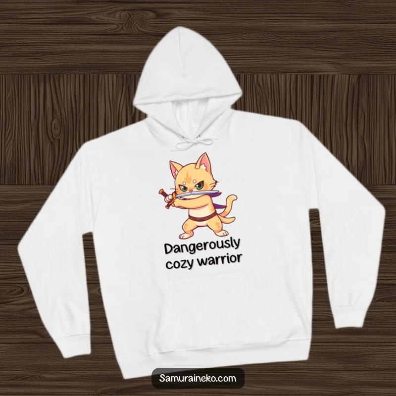 Funny hoodie depicting a courageous cat warrior in a dynamic pose, sword in hand, prepared for a mighty fight.