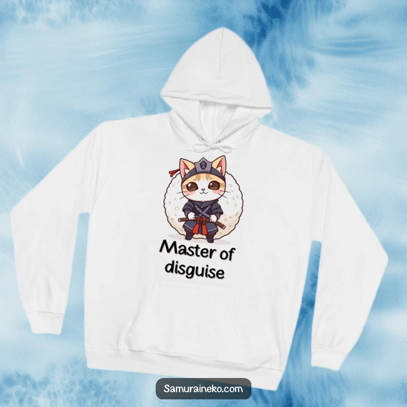 Funny mischievous cat samurai peeking from behind a giant rice ball, this cozy hoodie offers playful comfort.