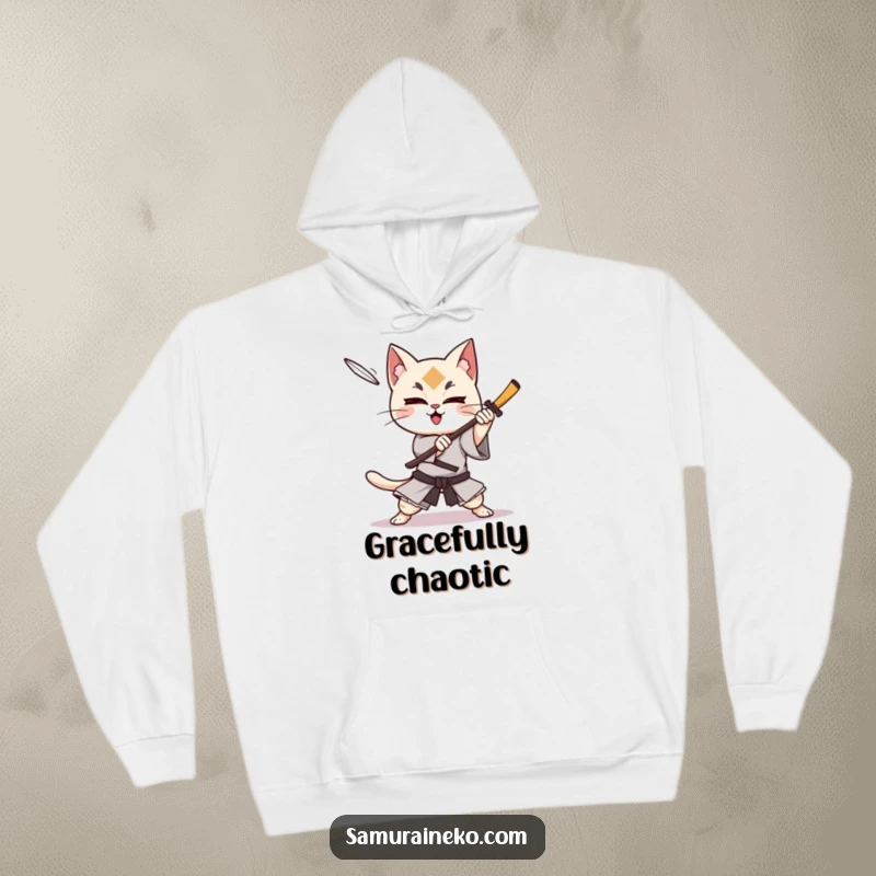 Funny cat samurai character dodging a shuriken with glee, this cozy hoodie is perfect for aspiring warriors.