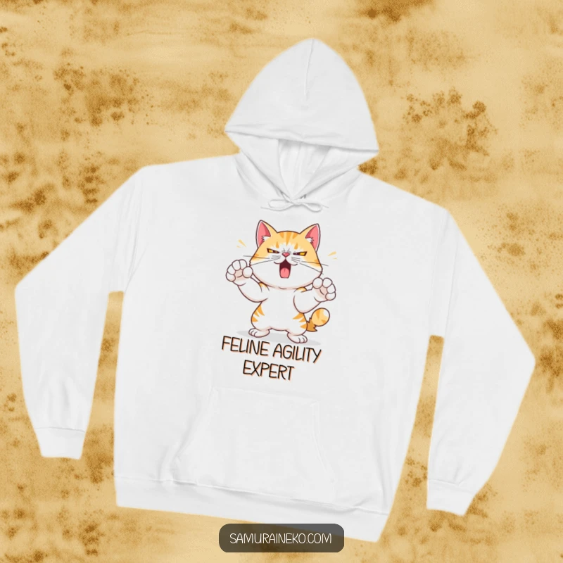 Funny hoodie featuring a mischievous cat with a determined expression, practicing swift paw strikes, offering cozy comfort and fierce style.