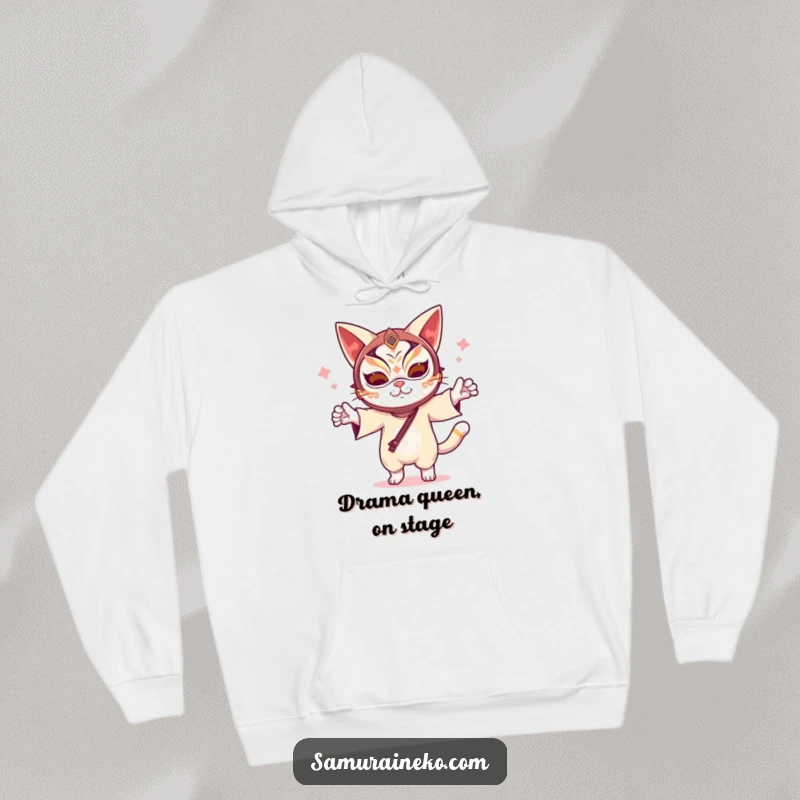 Funny Kabuki Cat Hoodie: A warm hoodie featuring a funny cat dancing in a kabuki mask, offering comfort and a splash of theatrical joy.