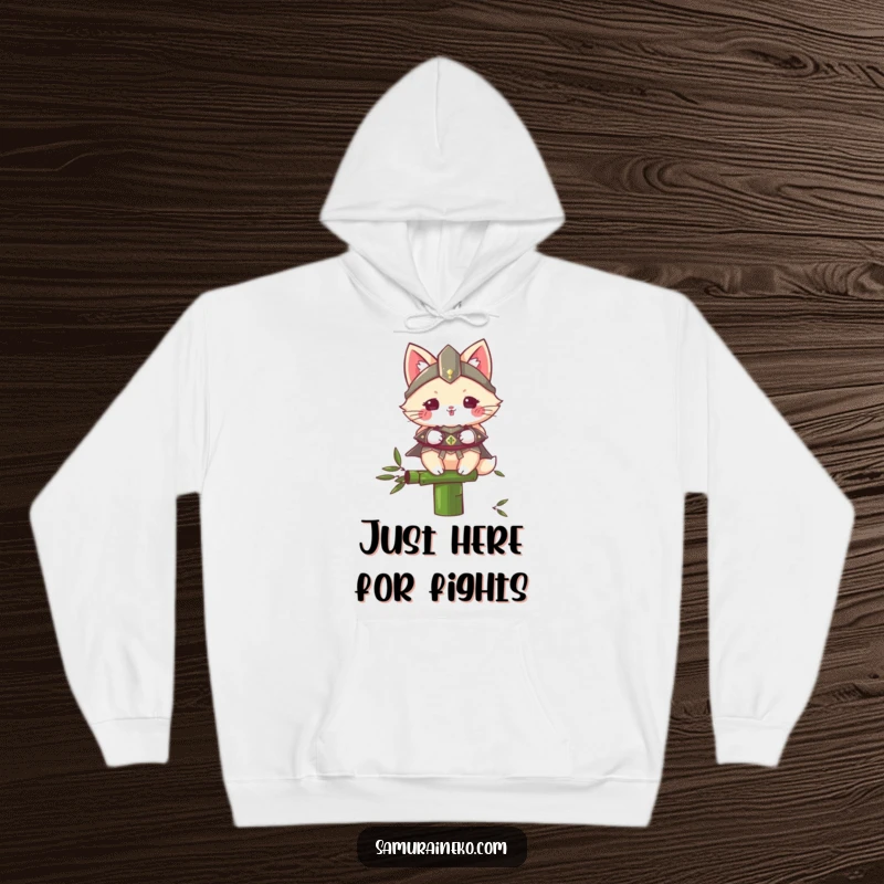 Funny Samurai Cat hoodie depicting a fluffy armored cat balancing perfectly on a bamboo stalk, blending bravery with a touch of silliness.